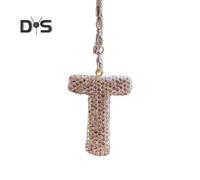 (T) Bling Car Letter Charm Faux Crystal Letter Pendant Car Rear View Mirror Hanging Rhinestone Alphabet Ornament For Car Tree Accessory