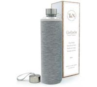 T&N Bouteille en verre de 1 litre - Gourde en verre 1l avec housse en néoprène - Anti-fuite - Bouteille en verre borosilicate plus épais - Carafe en verre - Design fin