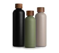 T&N Bouteille Isotherme d’eau 500ml en acier inoxydable avec bouchon en bois d'acacia, Gourde Inox 0,5l, conserve le froid à 29h, la chaleur 14h, étanche pour boissons gazeuses