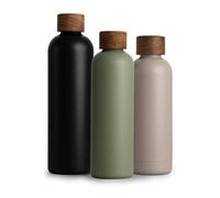 T&N Bouteille Isotherme d’eau 750ml en acier inoxydable avec bouchon en bois d'acacia, Gourde Inox 0,75l, conserve le froid à 29h, la chaleur 14h, étanche pour boissons gazeuses