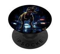 T-Rex Dinosaur Roaring City at Night Graphic Design Japanese PopSockets PopGrip Adhésif
