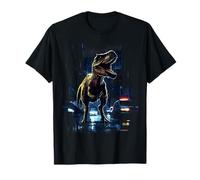 T-Rex Dinosaur Roaring City at Night Graphic Design Japanese T-Shirt