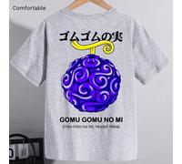 T-shirt 1 pièce, motif fruit du diable en caoutchouc violet et imprimé lettre, col rond décontracté, manches courtes, ample et confortable, mélange de coton, idéal pour les escapades estivales, unisex