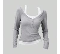 T-shirt 2-en-1 à design patchwork color block pour adolescentes, silhouette ajustée, style décontracté, haut gris à manches longues, haut superposé, haut à double couche, haut pour femmes, haut gris p