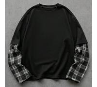 T-shirt 2 en 1 pour homme, style décontracté urbain, patchwork à carreaux, effet superposé, couleurs contrastées, manches longues, pour automne, city break, street et football L,M,S,XL,XS,XXLCarreauPo