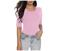 T-shirt 2025 pour femme à manches mi-longues, couleur unie, haut basique slim fit peu importe le t-shirt pour femme, Rose, M