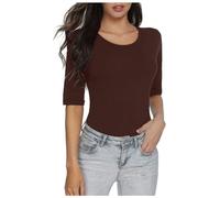T-shirt 2025 pour femme à manches mi-longues, couleur unie, haut basique slim fit peu importe le t-shirt pour femme, café, M