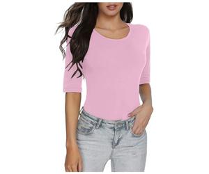 T-shirt 2025 pour femme à manches mi-longues, couleur unie, haut basique slim fit peu importe le t-shirt pour femme, Rose, M