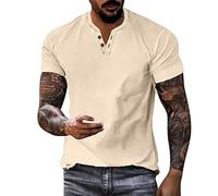 T-shirt 2025 pour homme - T-shirt d'été décontracté - Chemisier en coton et lin - Manches courtes - Col inférieur - Bouton mode - Polo pour homme La, beige, L