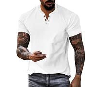 T-shirt 2025 pour homme - T-shirt d'été décontracté - Chemisier en coton et lin - Manches courtes - Col inférieur - Bouton tendance - Polo pour homme, Blanc., L