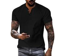 T-shirt 2025 pour homme - T-shirt d'été décontracté - Chemisier en coton et lin - Manches courtes - Col inférieur - Bouton tendance - Polo pour homme, Noir , L
