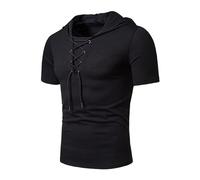 T-Shirt à Capuche à Lacets pour Homme Sweat à Capuche léger Sport Manches Courtes T-Shirt à Capuche d'été avec Cordon à col en V (Noir,S)