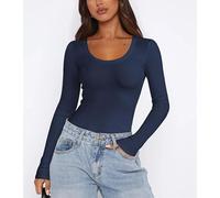 T-Shirt à col en u fileté de Couleur Unie pour Femme Haut Y2K ajusté épaule Droite Nouvelle Collection Automne et Hiver