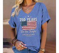 T-shirt à col en V à manches courtes avec imprimé drapeau américain et poignets retroussés, hauts à la mode pour sortir, t-shirts graphiques "250 Years We The People", hauts décontractés bleu ciel, pa