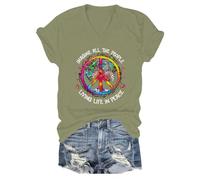 T-shirt à col en V « Imagine All The People Living Life in Peace », Vert, L