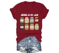 T-shirt à col en V Jesus is My Jam et I'm Here to Spread It, Col en V bordeaux, L