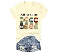 T-shirt à col en V Jesus is My Jam et I'm Here to Spread It, Col en V jaune crème, M