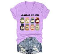T-shirt à col en V Jesus is My Jam et I'm Here to Spread It, Violet clair - Col en V, M