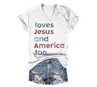 T-shirt à col en V pour femme avec imprimé « Loves and America Too » et manches courtes suspendues, Blanc., 3XL