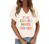 T-shirt à col en V pour femme avec inscription « You Can Do Hard Things » - Haut de motivation avec inscription positive - T-shirt décontracté en lettres colorées, Style_p01 Beige, L