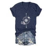 T-shirt à col en V pour femme avec motif boussole - Haut décontracté pour les aventuriers - T-shirt avec montagnes, lune et étoiles, Style_d01 Bleu, XL