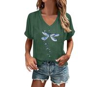 T-shirt à col en V pour femme avec motif libellule - Haut à manches courtes avec imprimé insecte - T-shirt d'été décontracté pour un look naturel, Style_u01 Vert, S