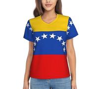 T-shirt à col en V pour femme Coupe classique - Imprimé drapeau du Venezuela à manches courtes pour l'été, Noir/blanc, 3XL