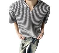 T-shirt à col en V pour homme, manches courtes, texture arête de poisson, haut décontracté, coupe ample, couleur unie, pour le printemps, l'été, le quotidien, noir, blanc, gris (XXXL blanc)