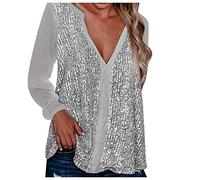 T-shirt à col en V profond pour femme - À paillettes - Pour l'été - Décontracté - Manches longues - Coupe ajustée - Pour l'extérieur, les loisirs - Respirant - 2025, argenté, L