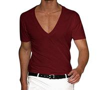 T-shirt à col en V profond pour homme - Col V - Invisible et respirant - Ourlet croisé - Muscle extensible - Gym - Entraînement - Manches courtes - Coupe basse, Bordeaux, M