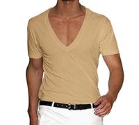 T-shirt à col en V profond pour homme - Col V - Invisible et respirant - Ourlet croisé - Muscle extensible - Gym - Entraînement - Manches courtes - Coupe basse, jaune, 3XL
