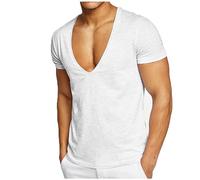 T-shirt à col en V profond pour homme - En coton - Manches courtes - Extensible - Pour le sport, la gym, les muscles, blanc, M