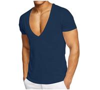T-shirt à col en V profond pour homme - En coton - Manches courtes - Extensible - Pour le sport, la gym, les muscles, bleu, XL