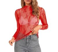 T-shirt à col montant en dentelle transparente pour femme - Tendance - Été - Superposition en maille - Pour sortir - Motif floral brodé - Manches longues - Superposition de dentelle transparente -