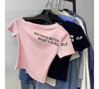 T-shirt à col oblique pour femme avec imprimé lettres, M-2XL, coupe ajustée, haut à manches courtes, t-shirt basique rétro d'été décontracté pour un usage quotidien (2XL, rose)