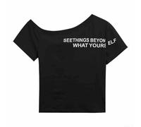 T-shirt à col oblique pour femme avec imprimé lettres, M-2XL, coupe ajustée, haut à manches courtes, t-shirt rétro d'été décontracté basique pour un usage quotidien (M noir)