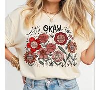 T-shirt à col ras du cou à manches courtes, avec imprimé floral de disette, d'inspiration, de gentillesse et de citation positive sur la santé mentale. Décontracté, homewear, pour femmes. Imprimé flor