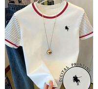 T-shirt à col ras-du-cou à manches courtes pour adolescentes, avec logo chevalier graphique, rayures noires et blanches, bordure rouge, adapté pour l'été 14Y,13Y,16Y,15YRayéÉtoffe