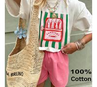 T-shirt à col ras-du-cou en tricot décontracté pour femmes, manches courtes, convient pour l'été, motif mignon de sardine, vacances à la plage, 100% coton, confortable et respirant, stretch moyen L,M,