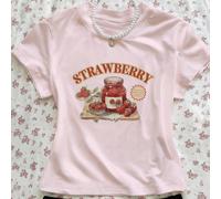 T-shirt à col rond à manches courtes avec graphique de confiture de fraises pour femmes L,M,S,XL,XSAnimal,Lettres,Tie dye,Fruits & légumesTissu tricoté