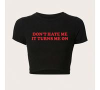 T-shirt à col rond à manches courtes avec impression de slogan pour femmes de grande taille, T-shirt graphique "NE ME DÉTESTEZ PAS, ÇA ME RETOURNE", top d'été 0XL,1XL,2XL,3XL,4XLSloganÉtoffe
