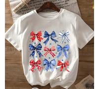 T-shirt à col rond avec imprimé nœud papillon et drapeau américain pour adolescentes, top décontracté et doux pour le Jour de l'Indépendance, printemps/été 8Y,9Y,10Y,14Y,11Y,12Y,13Y,16Y,15YGéométrique