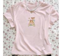 T-shirt à col rond casual d'été pour femme avec imprimé de biche, de fleur et de papillon L,M,S,XL,XSAnimal,Cartoon,Portrait,LettresTissu tricoté