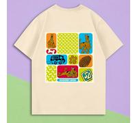 T-shirt à col rond décontracté à manches courtes pour femmes/hommes, imprimé combiné d'un chien de bande dessinée amusant, d'une empreinte de patte et d'éléments de grille de fourgon floral, dans un s