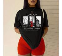 T-shirt à col rond et manches courtes avec imprimé de lettres et de paysage pour le port casual d'été. "Emmène-moi à Londres" MÉTROPOLE ANIMÉE ET Hauts graphiques pour femmes L,M,S,XL,XSGéométrique,gr