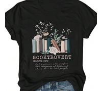 T-shirt à col rond et manches courtes décontracté pour femme, imprimé fleurs et livres. "BOOKTROVERT : Une personne qui préfère la compagnie de personnages fictifs aux vrais gens" Hauts graphiques pou