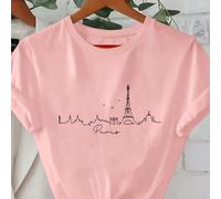 T-shirt à col rond et manches courtes pour femmes avec motif de silhouette du paysage de Paris, t-shirts imprimés avec un design de ligne art chic décontracté de Paris pour femmes L,M,S,XL,XXLAnimal,B