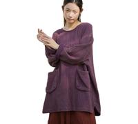 T-shirt à col rond et manches longues pour femme, coupe ample, couleur unie, tunique rectangulaire, violet, Taille Unique