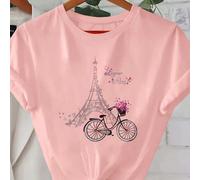 T-shirt à col rond manches courtes décontracté pour femmes avec imprimé de fleurs, Tour Eiffel et vélo. T-shirt graphique "Bonjour Paris" pour femmes L,M,S,XL,XXLAnimal,Cartoon,Blocs de couleur,Galaxi