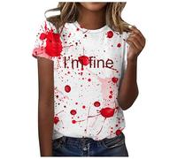 T-shirt à col rond pour femme - Manches courtes - Motif d'Halloween - Motif I Am Fine - Empreinte de main - Pour les festivals d'automne, Rose, M